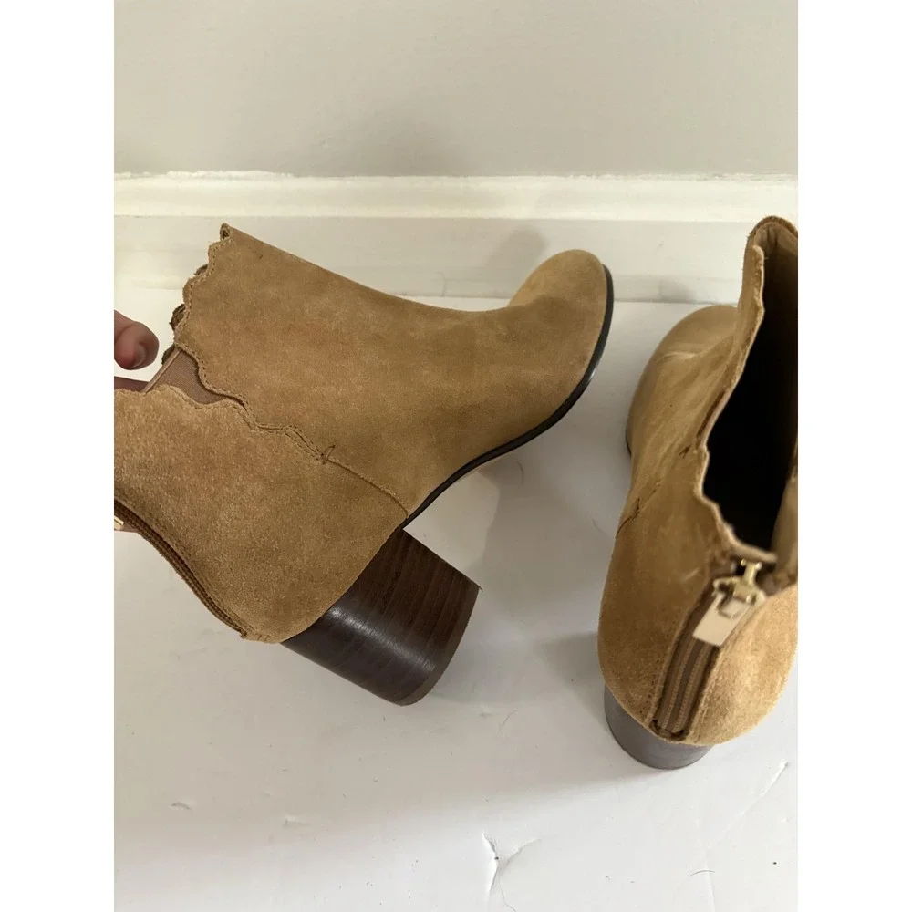 Lands' End Boots Womens Size 6.5 Tan Suede Ankle Booties‎ Scalloped Back Zip